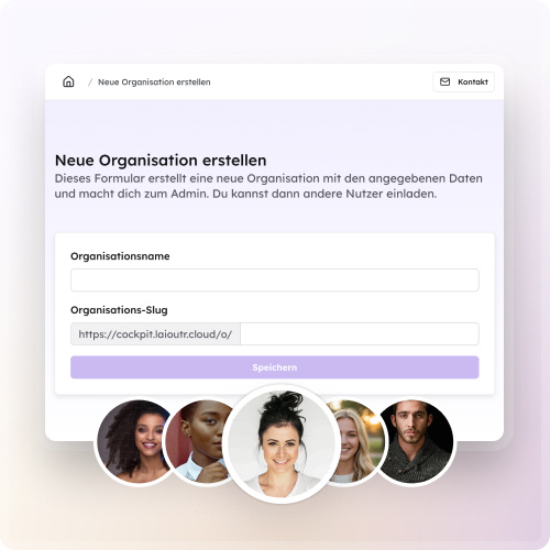 A screenshot of a modal with two input fields for creating a new organization. That's all it takes. Profile pictures float above the window to symbolize that you can invite your team.