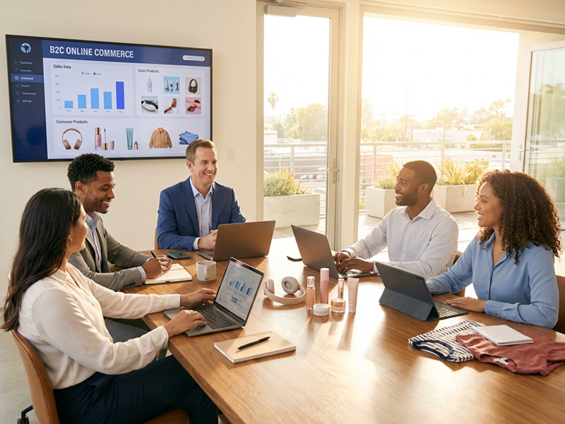 A diverse group of people collaborating around a table, each using a laptop for discussion and teamwork.