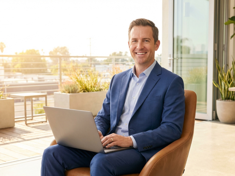 A man in a blue suit sits on a chair with a laptop on his lap, smiling, on a terrace with plants and sunlight in the background.