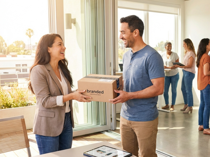 A woman hands a branded box to a smiling man in a bright office, while three people converse in the background.