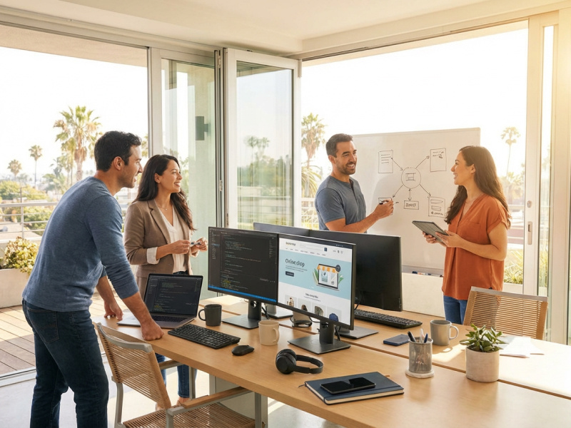 Several people collaborating around a table, with a whiteboard displaying notes and diagrams behind them.