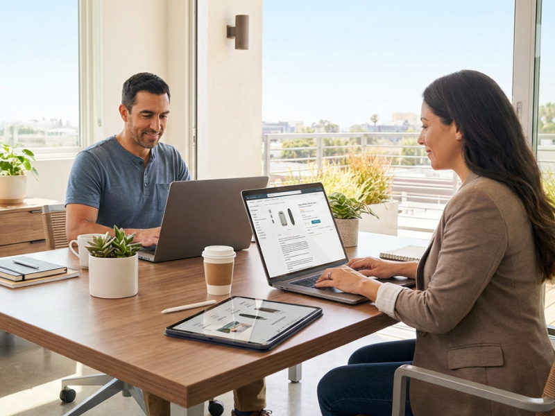 A man and woman at a table, both focused on their laptops, sharing insights and collaborating on a project.