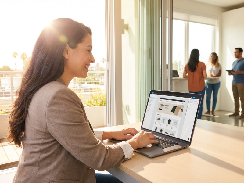 A woman, a user experience designer, works on her laptop in an office, focusing on a product listing page design.