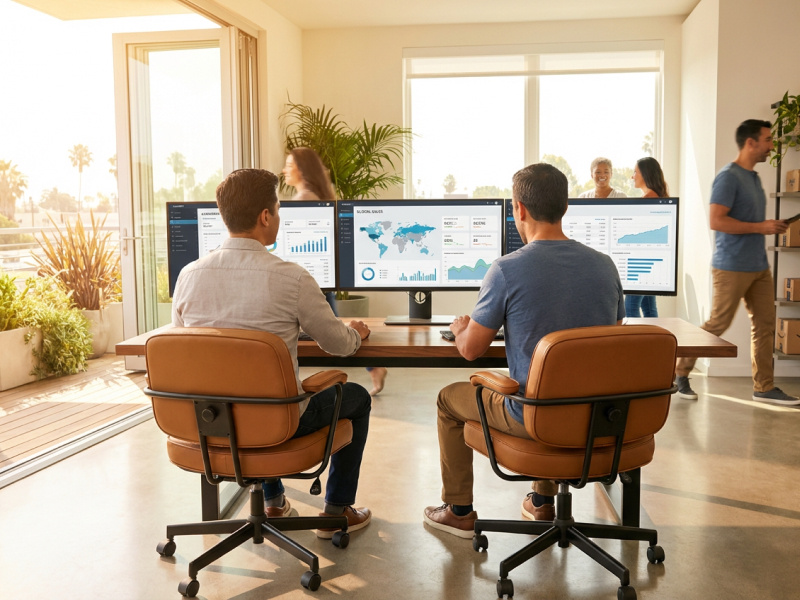 Two men sitting at a desk with three monitors, analyzing eCommerce performance and metrics.