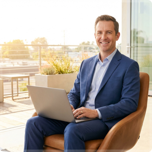 A man in a blue suit sits on a chair with a laptop on his lap, smiling, on a terrace with plants and sunlight in the background.