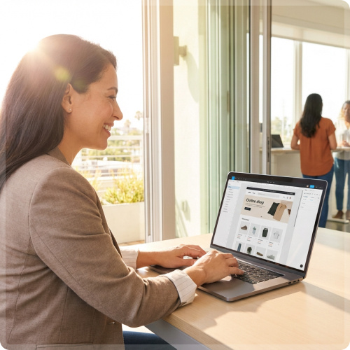 A woman, a user experience designer, works on her laptop in an office, focusing on a product listing page design.