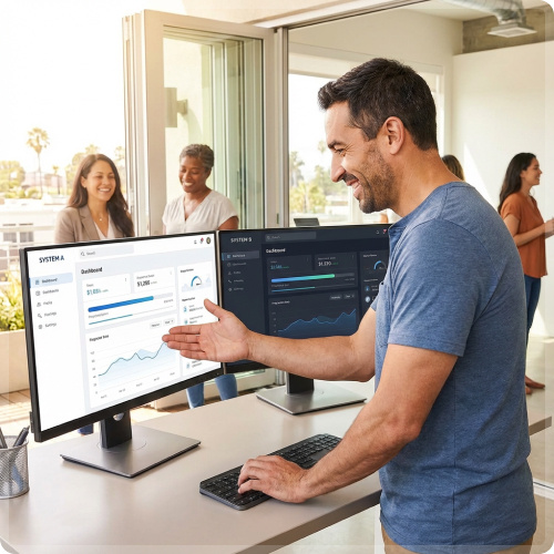 A man stands in front of two monitors displaying various graphs and data visualizations.