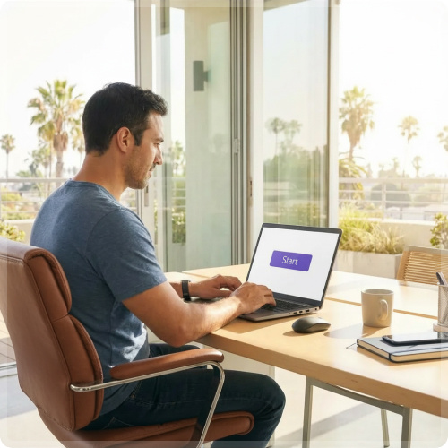 Man working on a laptop at a desk in a modern office environment, focused on his task.