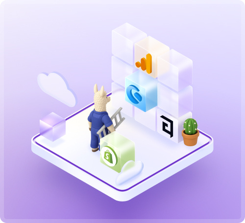 Larry the llama is wearing overalls and has a small ladder under his arm. Next to him is a glass cube with a Shopify logo. He is pulling a similar cube with a Shopware logo from a shelf to easily swap the two systems.