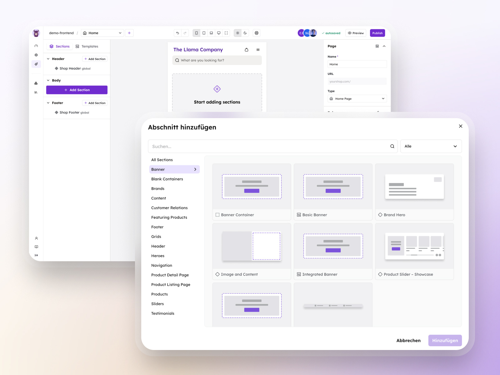 Two screenshots showing the selection of pre-built sections.