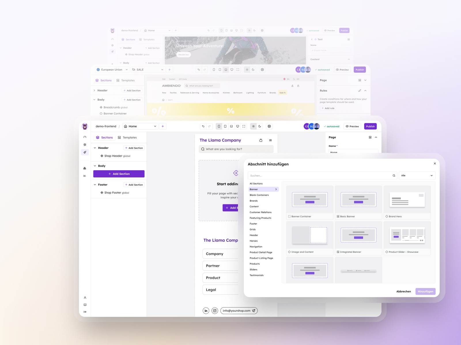 There are several screenshots lined up one after the other. You can see the studio interface where you can quickly and easily build your pages.