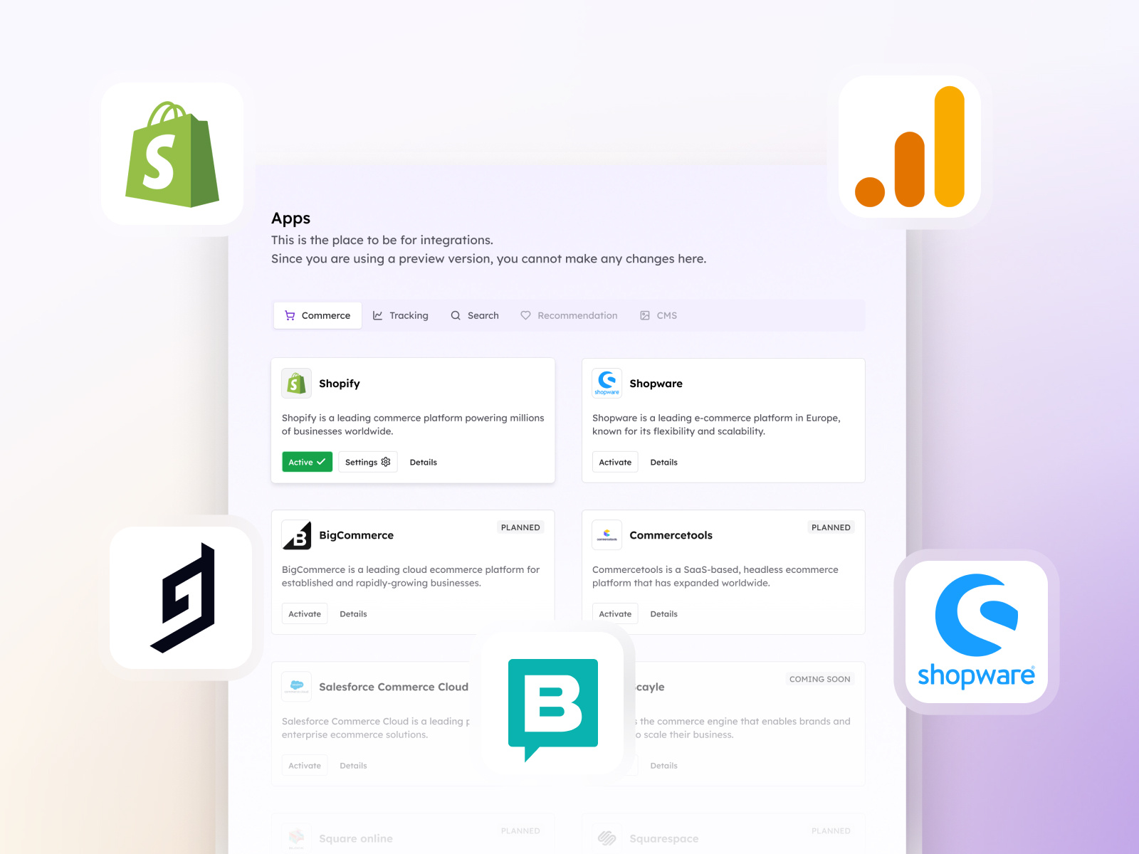 A screenshot of the selection of shop system apps that you can easily connect.