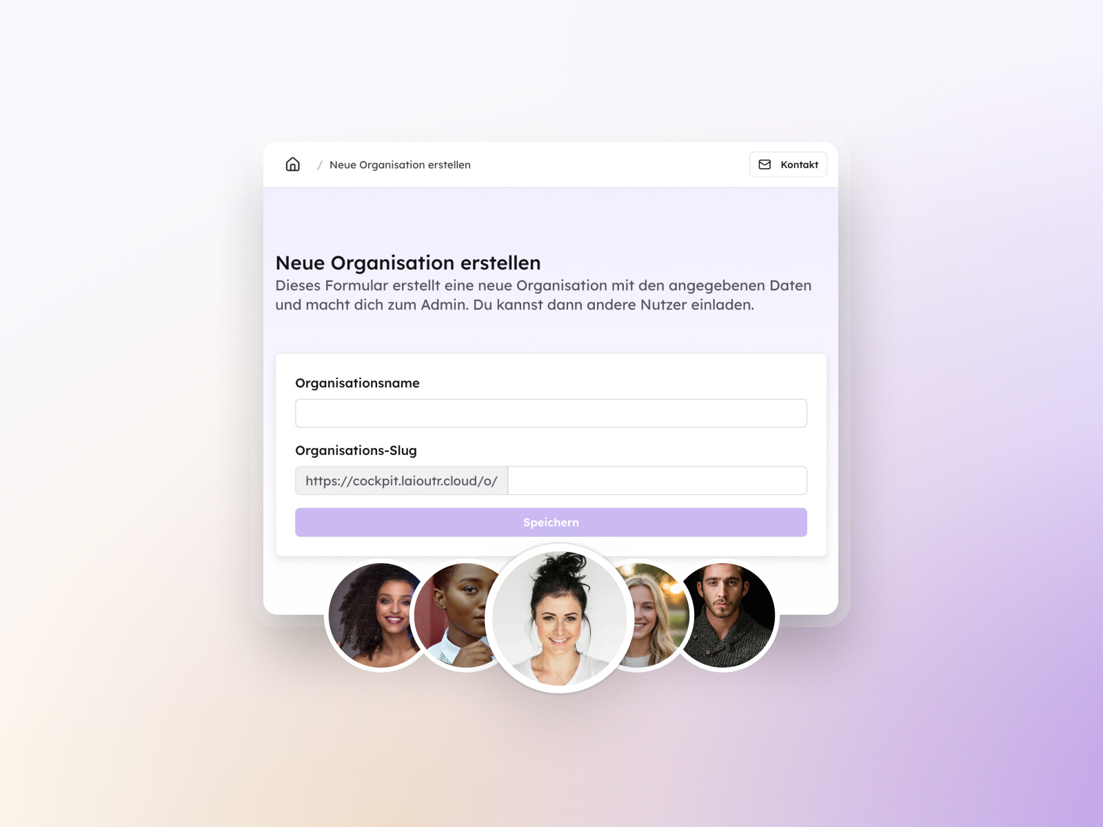 A screenshot of a modal with two input fields for creating a new organization. That's all it takes. Profile pictures float above the window to symbolize that you can invite your team.