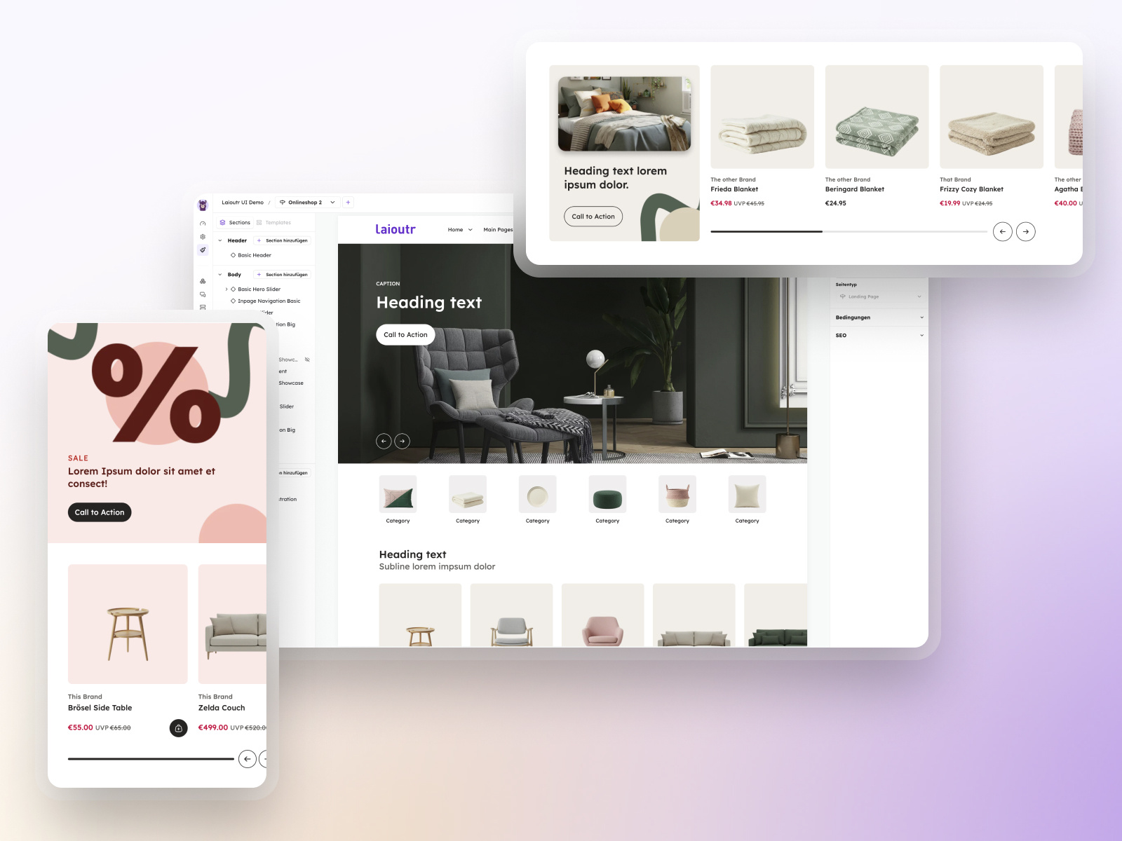 In the background is a view of the studio with an online shop homepage, above which float boxes with images of different product slider designs that can be easily added and moved around.