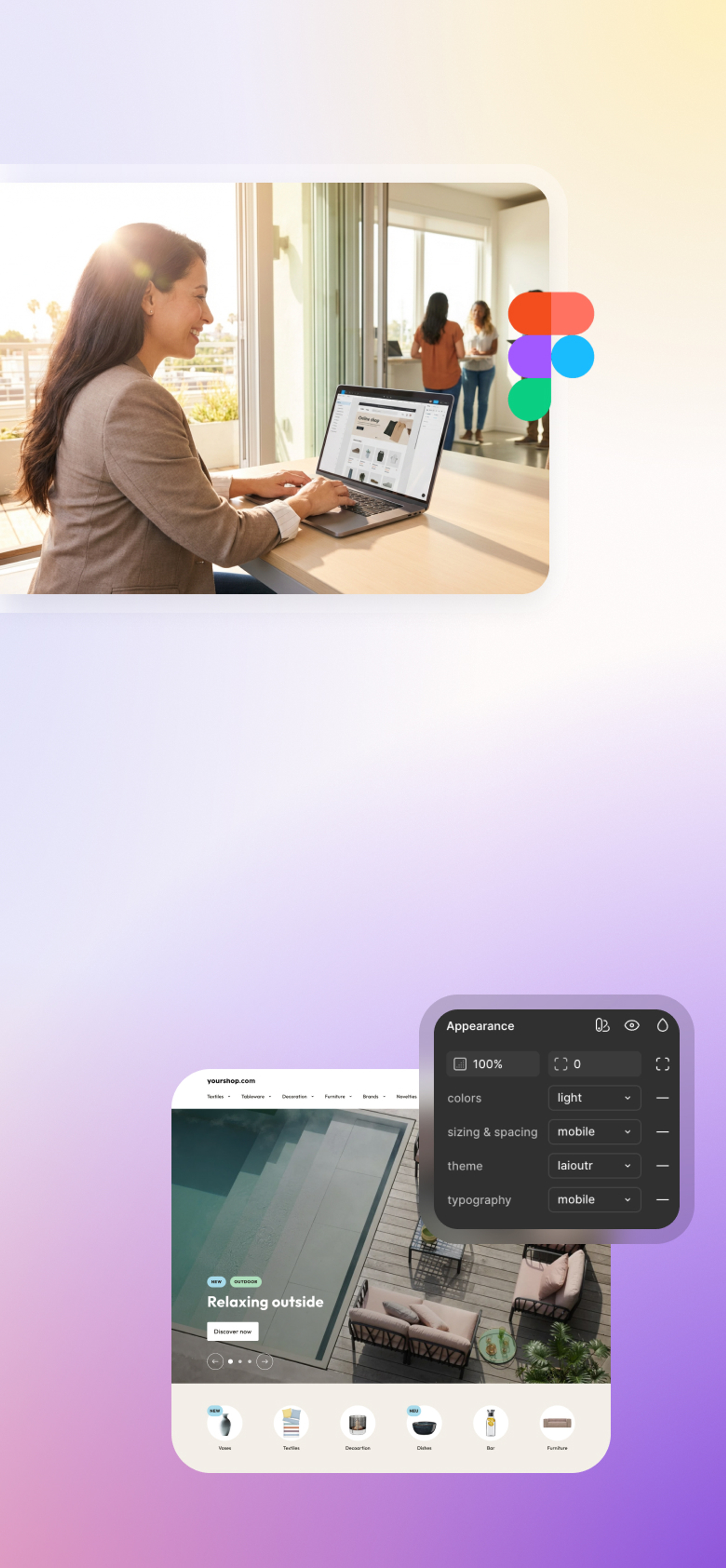 A woman engaged with her laptop on a purple backdrop, developing a product listing page layout in Figma for smooth team handoff.
