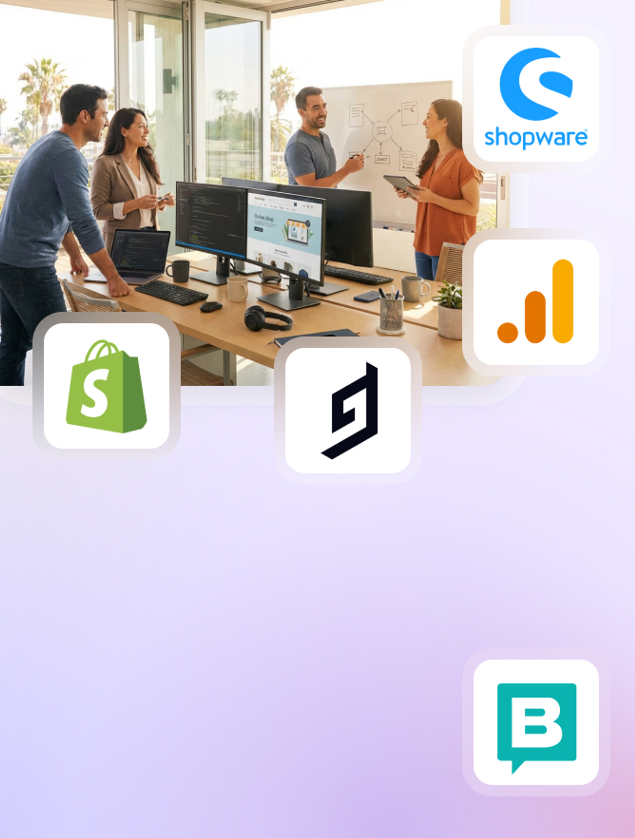 A picture of an IT team, surrounded by different shopsystem and app logos