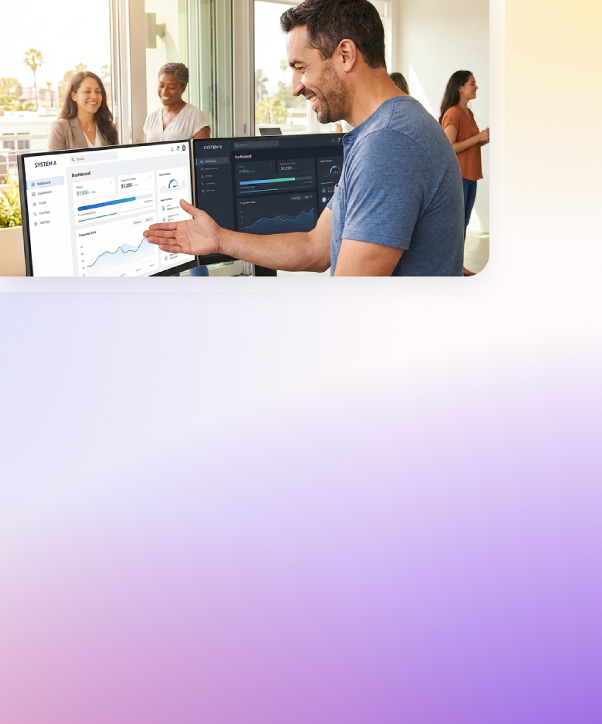 A man looking at a screen with e-commerce performance graphs.