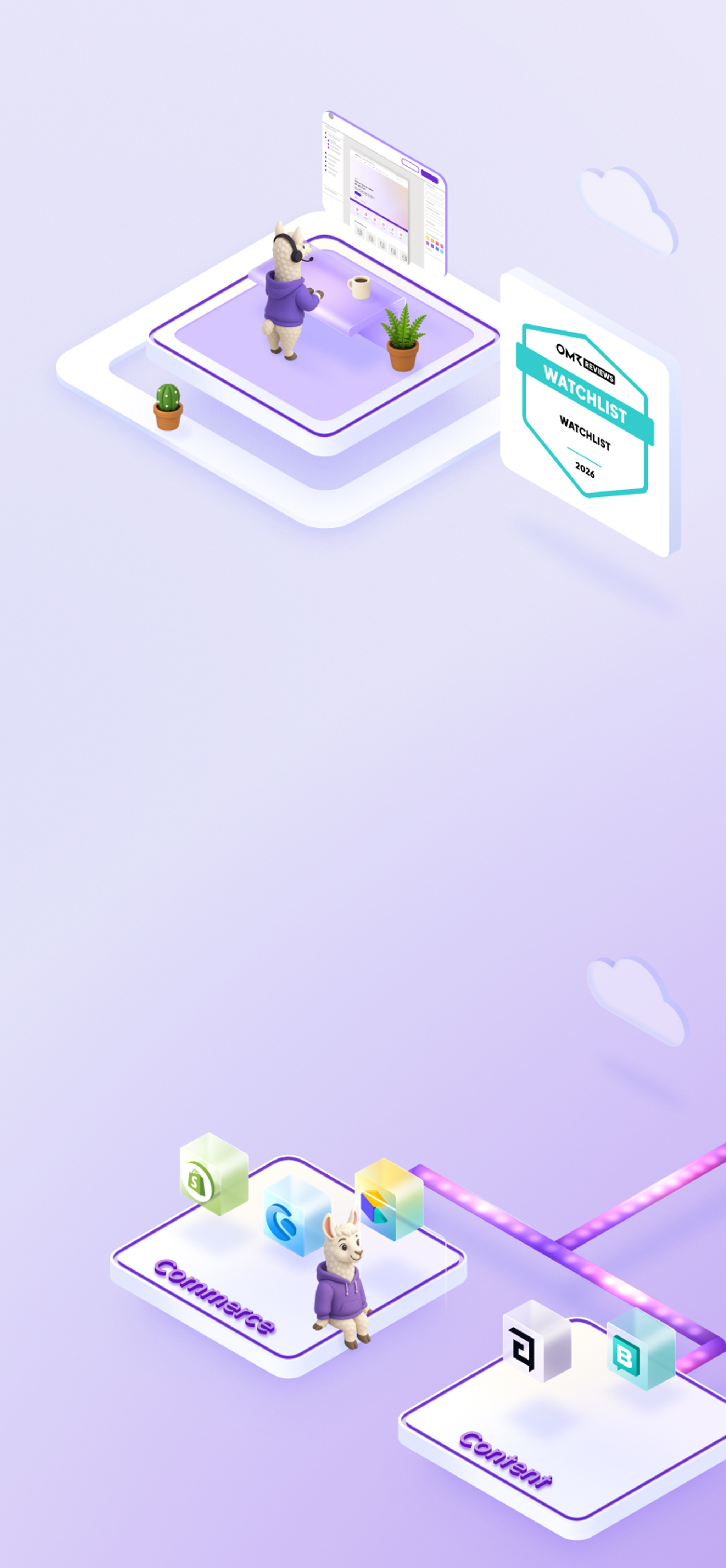 An isometric graphic on a purple gradient background. You can see various white platforms on which small stylized llamas are standing or sitting. Each platform shows components or connection options for Laioutr. Flexible and modular.