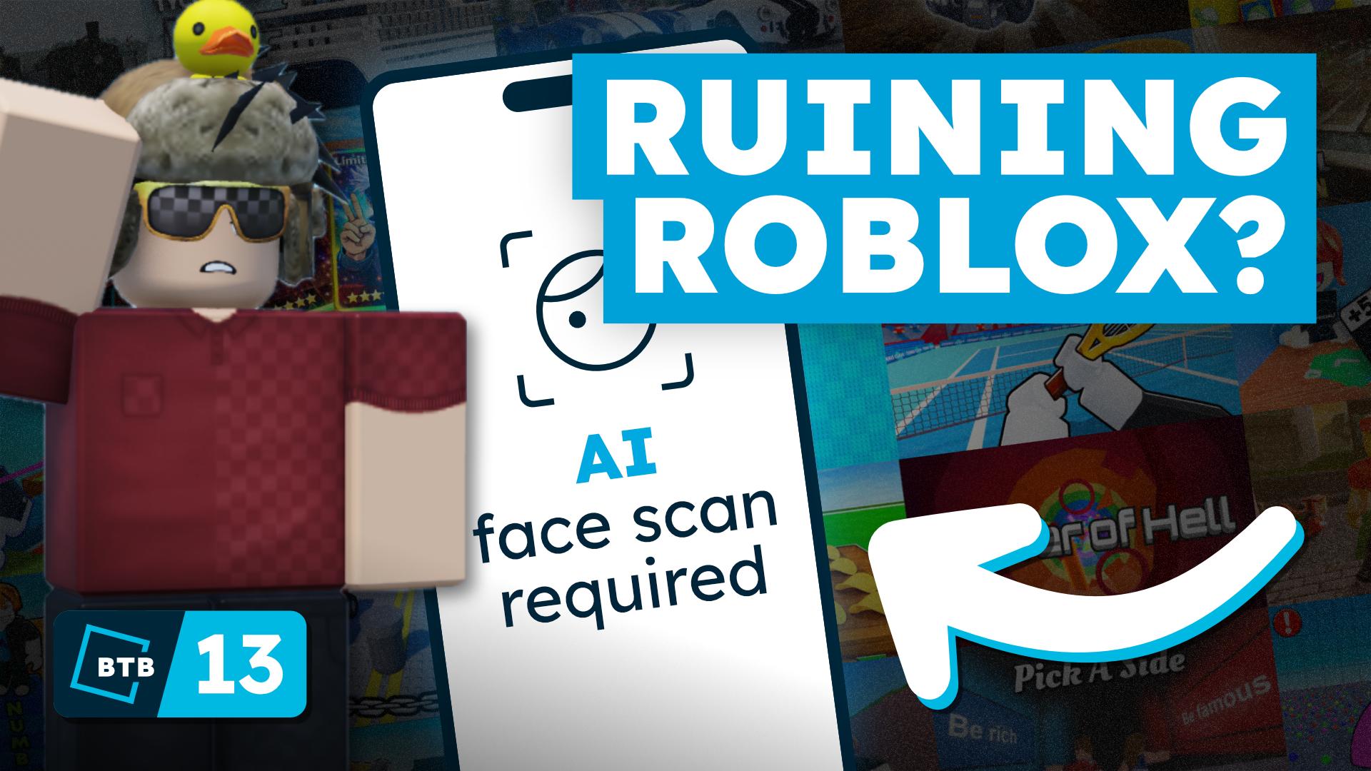 Fedor's avatar looking concerned at the "AI face scan required" screen, with heading text "Ruining Roblox?".
