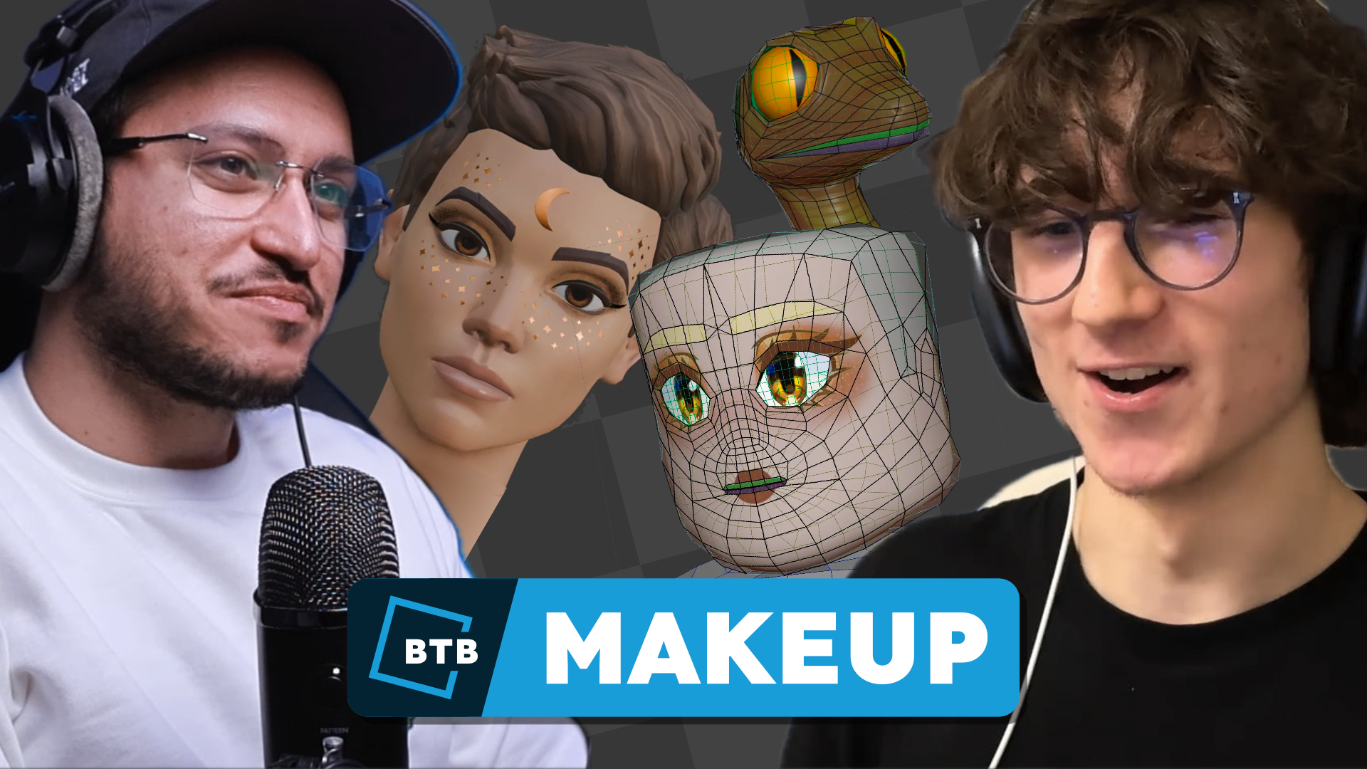 Adam and Anthony looking at examples of Roblox's new makeup with eye shadow, lipstick and 3D eyebrows.