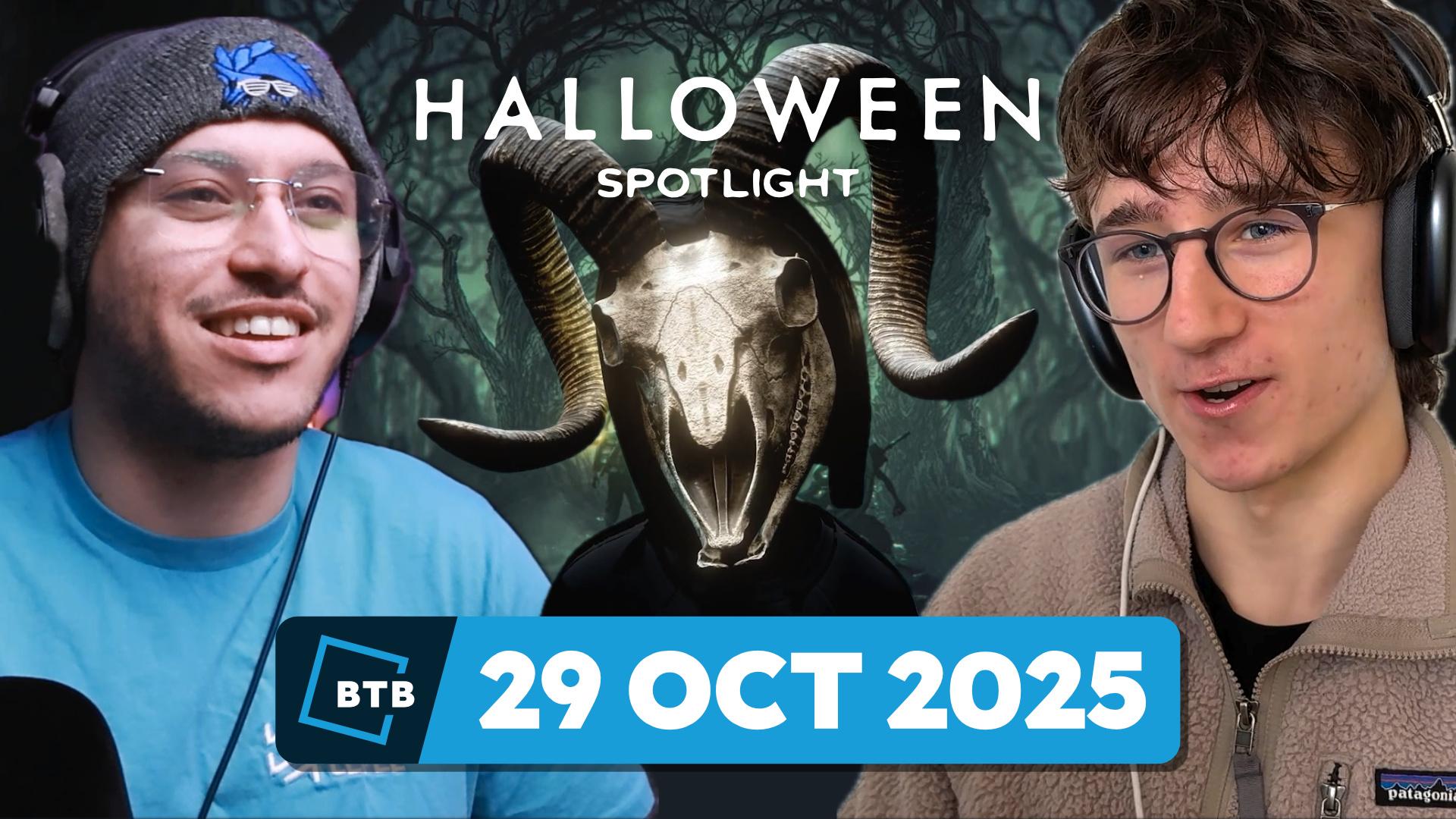 Adam and Anthony are either side of a creepy ram's head skull from the Roblox Halloween Spotlight marketing.