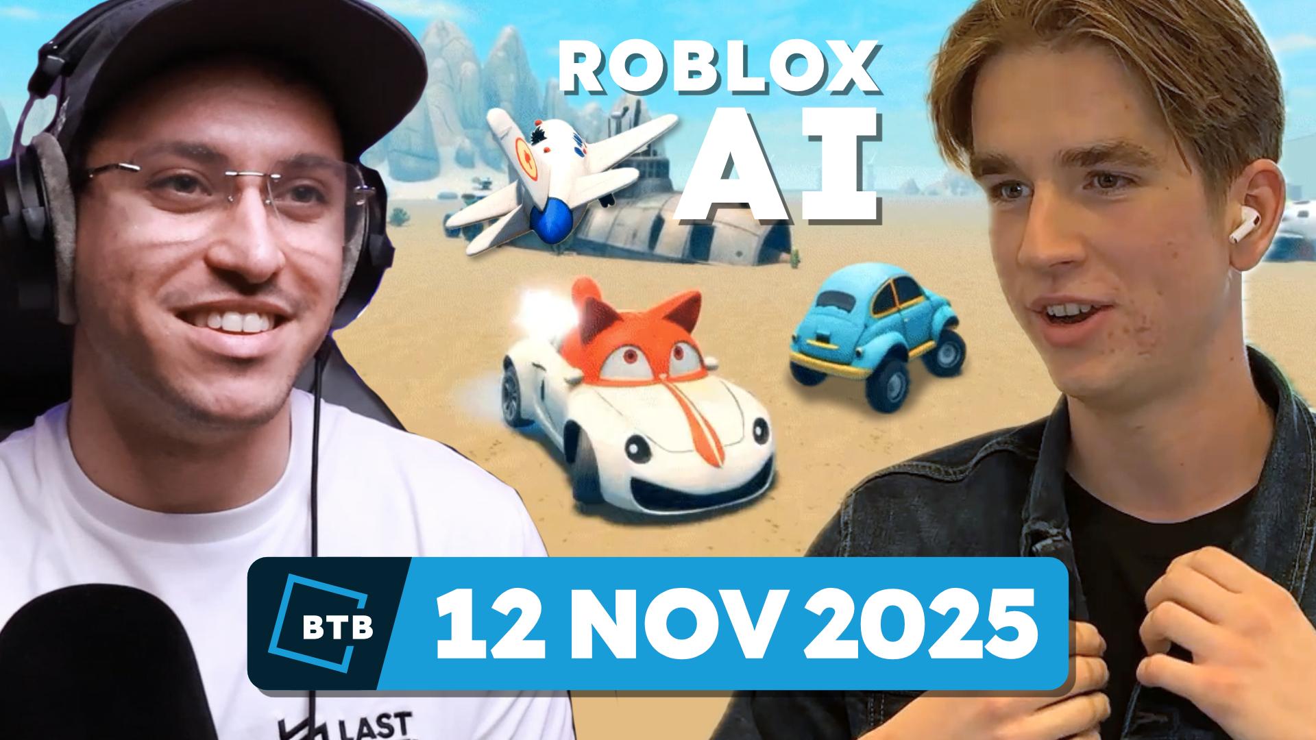 Adam and Fedor looking at some 4D-generated Roblox cars, shown as part of Roblox's marketing.