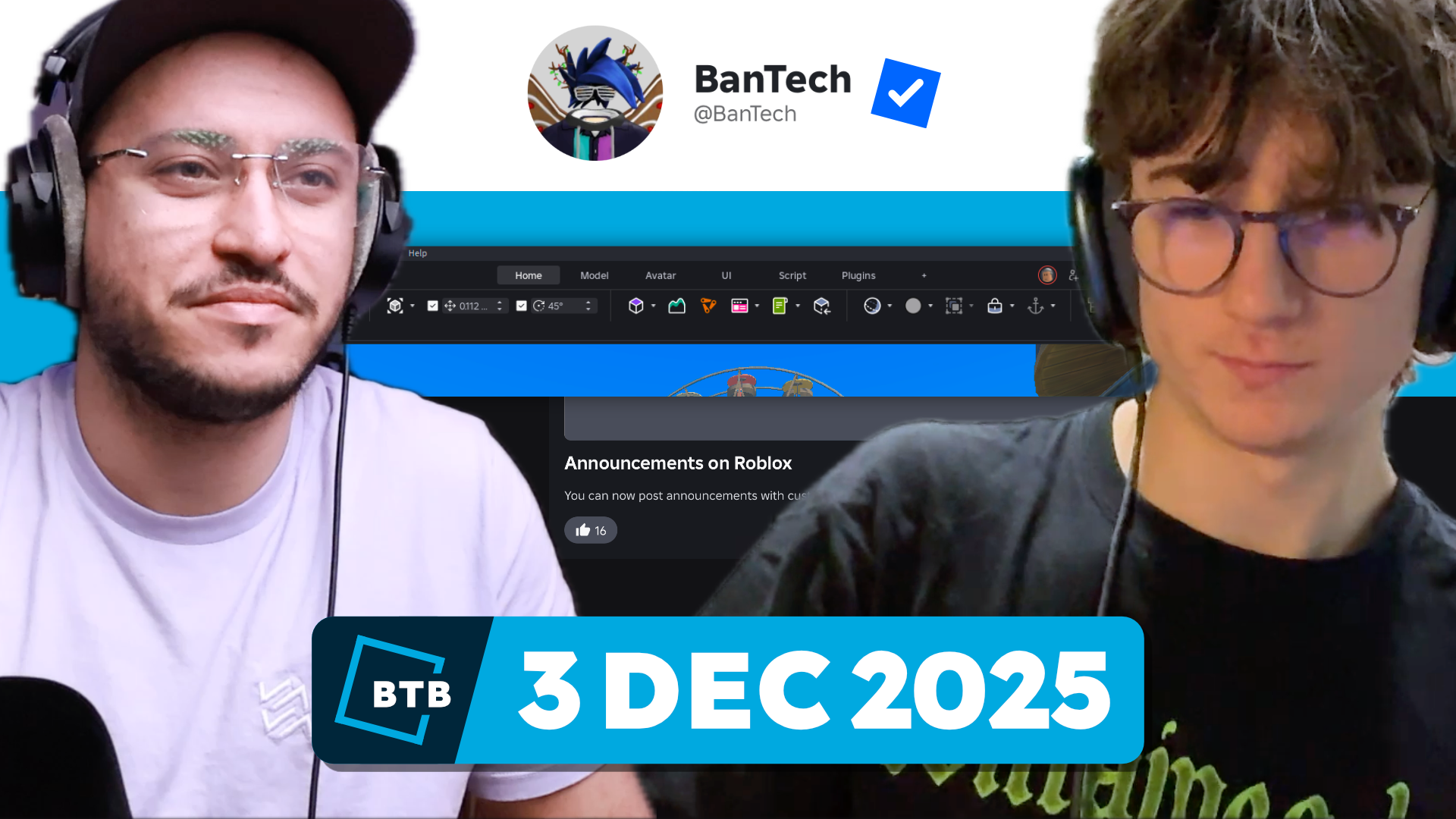 Adam and Anthony looking at the Roblox verification checkmark on BanTech's account, as Roblox updates verification requirements.
