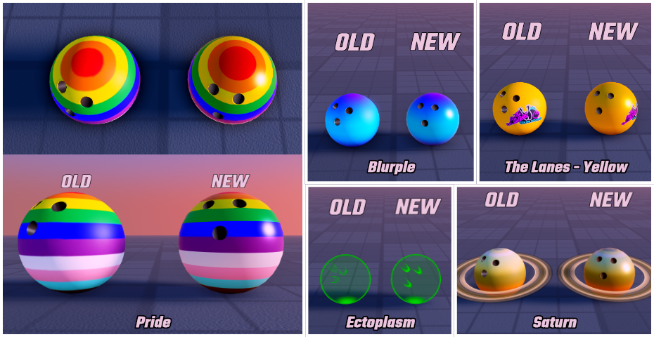 A set of comparisons before and after the changes, showing crisper lines on textures, a more glossy surface, and richer colours across a range of different ball designs.
