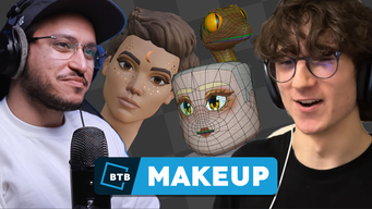 Adam and Anthony looking at examples of Roblox's new makeup with eye shadow, lipstick and 3D eyebrows.