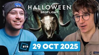 Adam and Anthony are either side of a creepy ram's head skull from the Roblox Halloween Spotlight marketing.