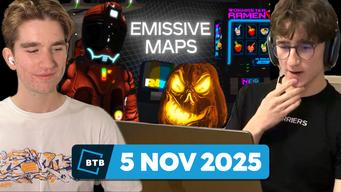 Fedor and Anthony admiring the emissive maps demos from Roblox: A spacesuit with glowing controls, a jack-o-lantern with glowing details, and futuristic neon restaurant signage.
