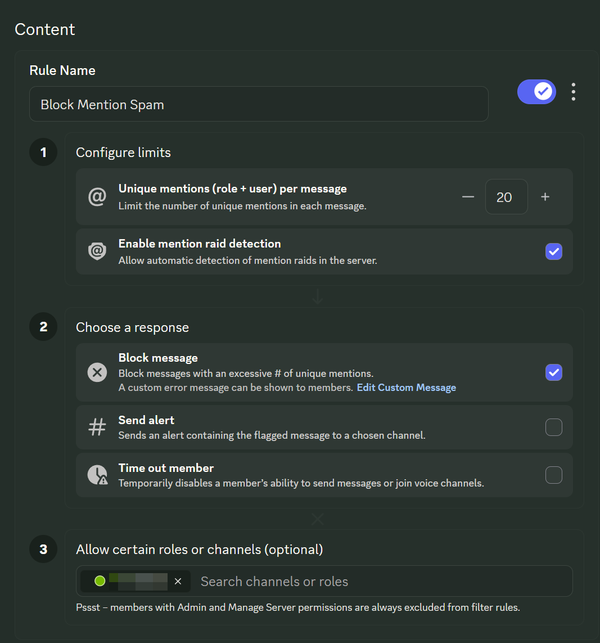 A screenshot of the configuration of an Automod rule, showing the settings described in this guide.