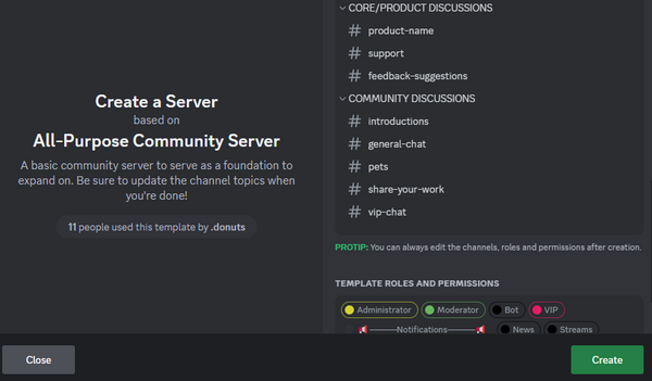 A screenshot containing a preview window of the server template with channels and roles listed.