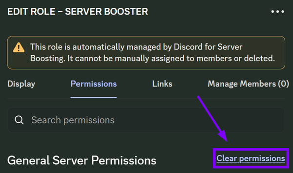 A screenshot of the Role Settings of "Server Booster", pointing to the location of the "Clear permissions" button.