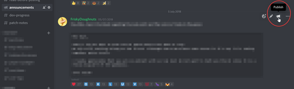 A screenshot of a message in an Announcement channel highlighting the Publish feature that accompanies a message.