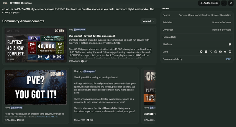A screenshot showing a preview of the Game Profile of ORMOD: Directive, showing announcements, official links, and game details