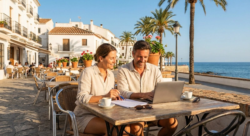 Couple at a sunny terrace café on the Costa del Sol reviewing finances
