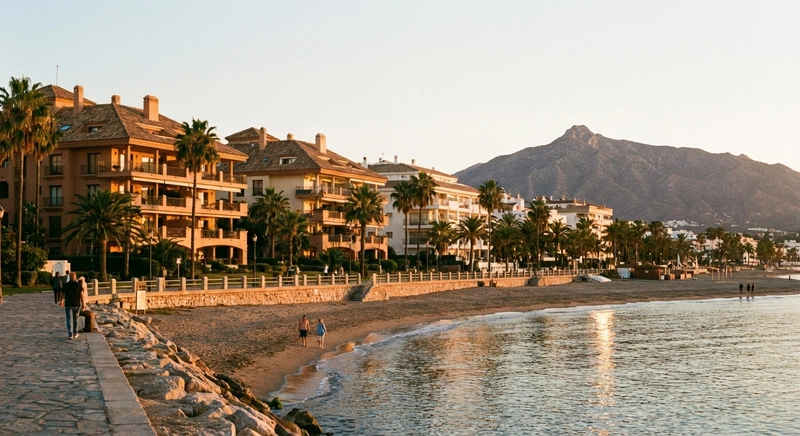 Marbella Golden Mile beachfront at sunset with luxury apartments