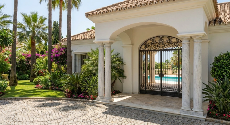Golden Mile villa entrance with tropical gardens