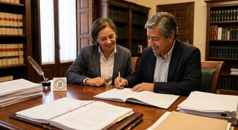 Couple signing documents at a Spanish notary office
