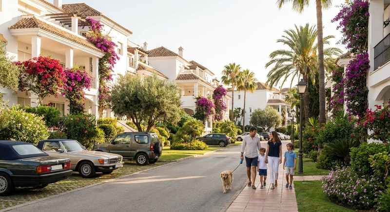 Quiet residential street in Nueva Andalucía with Mediterranean apartments