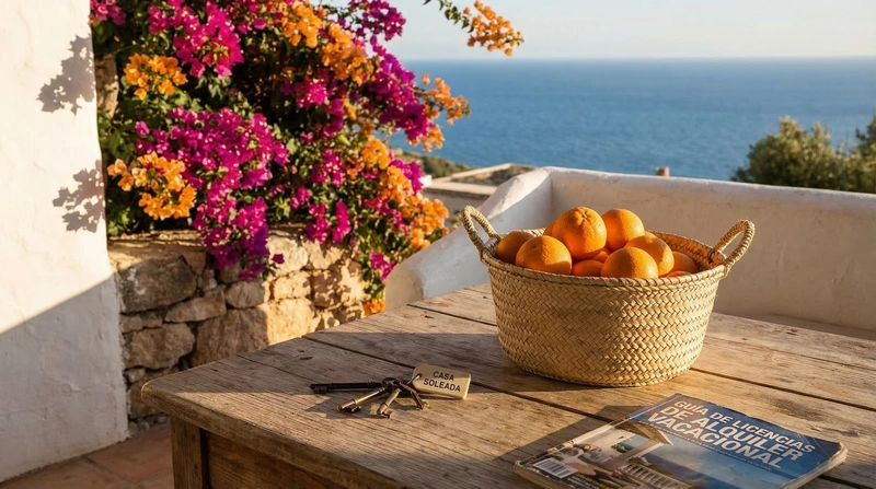 A welcoming Andalusian terrace with keys and oranges, ready for holiday guests