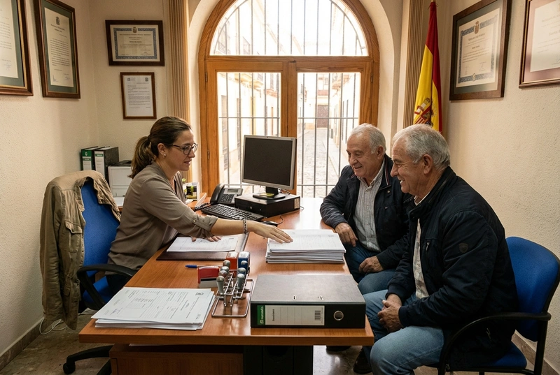A Spanish town hall office helping a foreign couple with rental licence paperwork