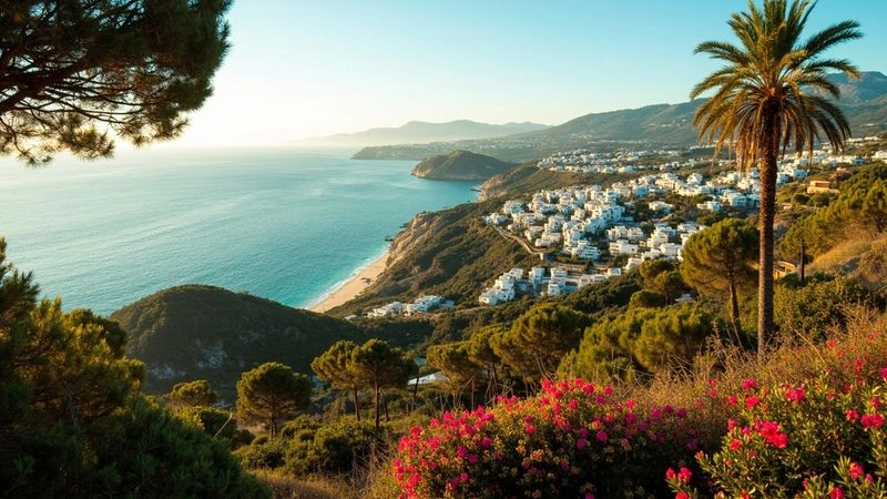 Panoramautsikt över Calahondas kustlinje med vita bostadshus på gröna sluttningar ovanför Medelhavet