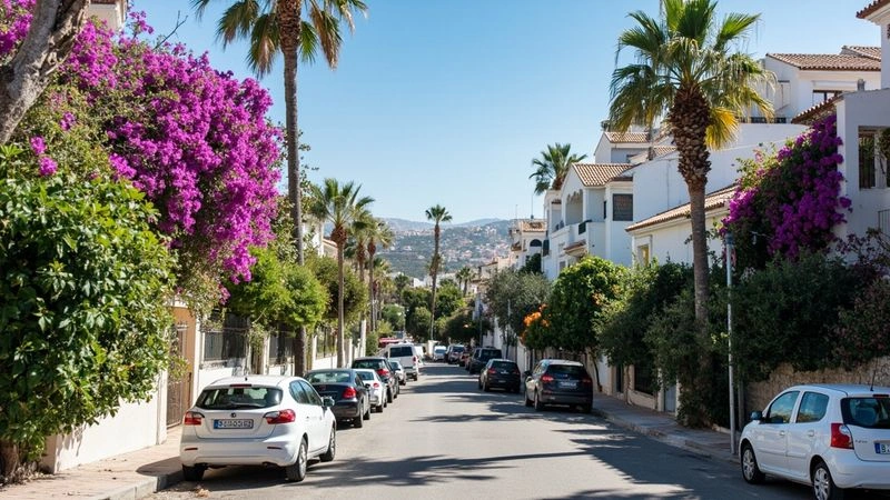 Bostadsgata i en Calahonda-urbanisation med vita lägenhetsbyggnader, palmer och bougainvillea