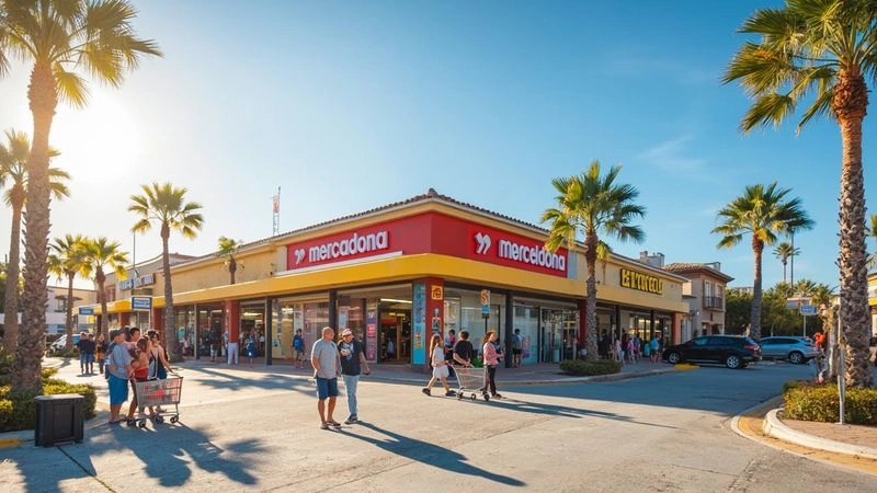 Vardag i Calahonda — bofasta vid en stormarknadsparkering med palmer en solig dag på Costa del Sol