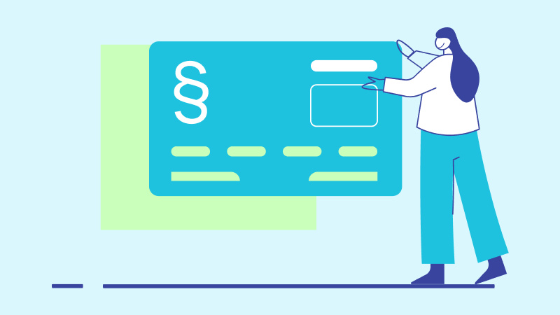 Illustration einer Person die auf eine Box mit Paragraphen zeigt