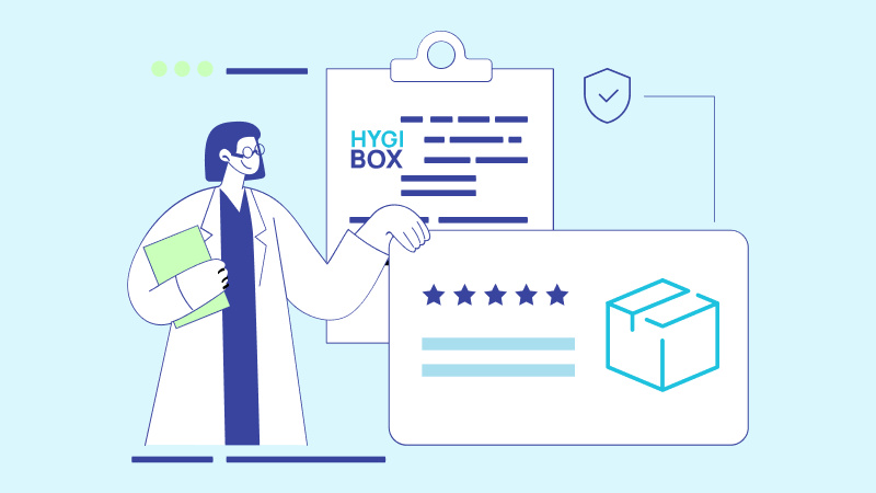 Illustration einer zufriedenen Ärztin die aich auf die top bewertete HYGIBOX stützt