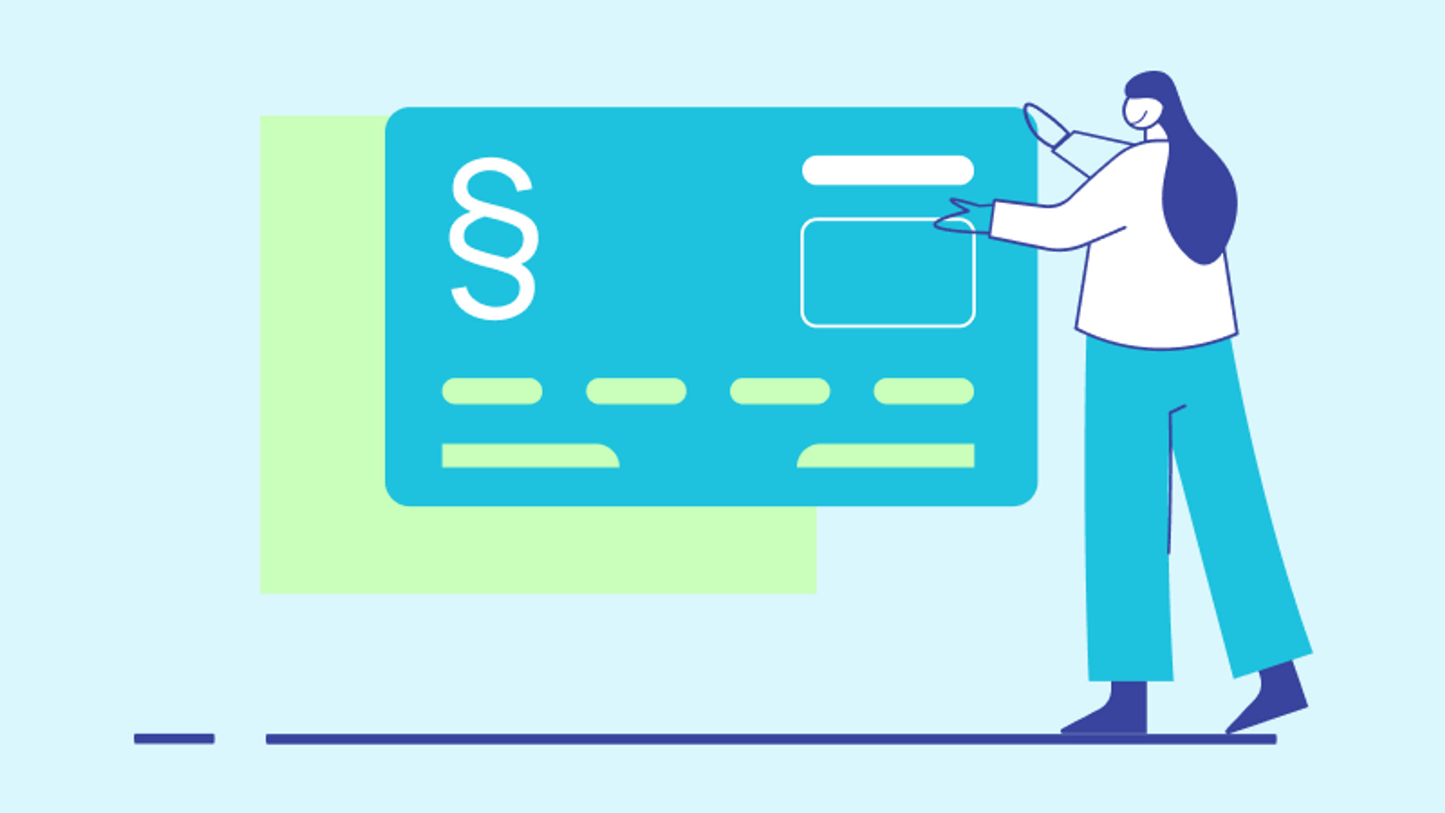Illustration einer Person die auf eine Box mit Paragraphen zeigt