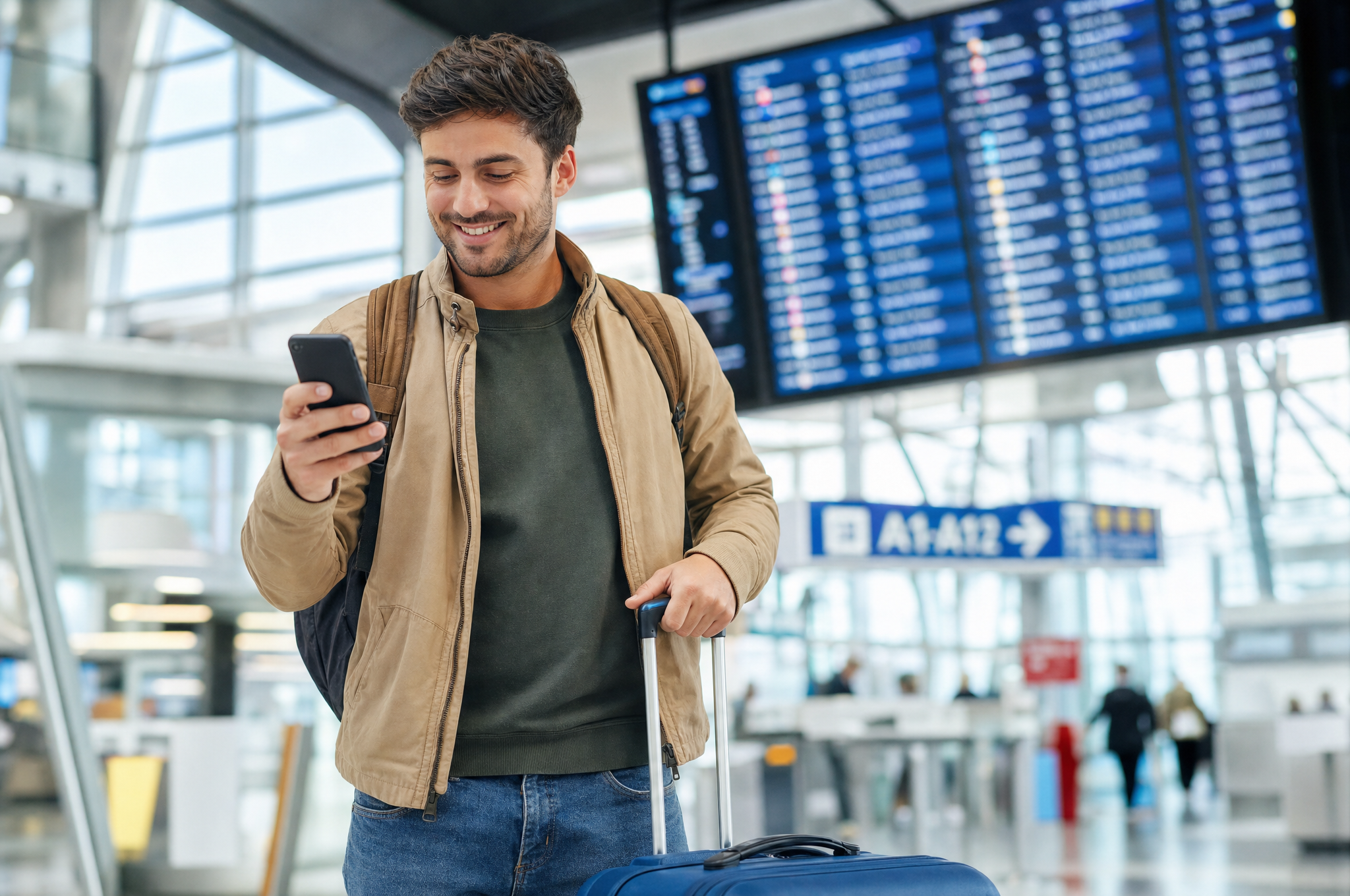 Podróżny w terminalu lotniska sprawdza ofertę lotów na telefonie, trzymając podręczną walizkę